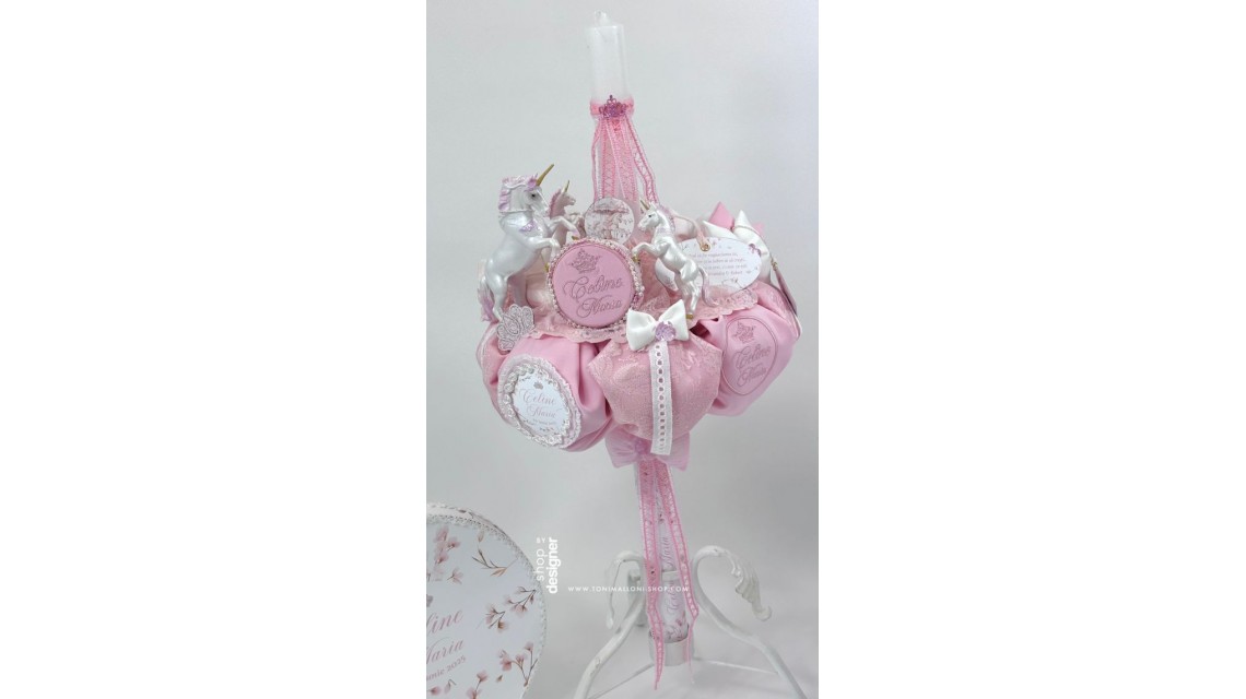 Lumanare cu unicorni roz si broderie personalizata Unicorni si dantela 4
